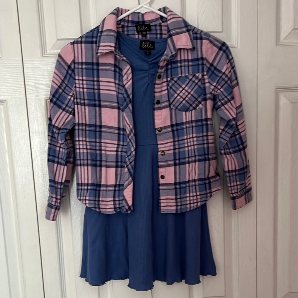 Pink and Blue Plaid Shirt with Blue Dress